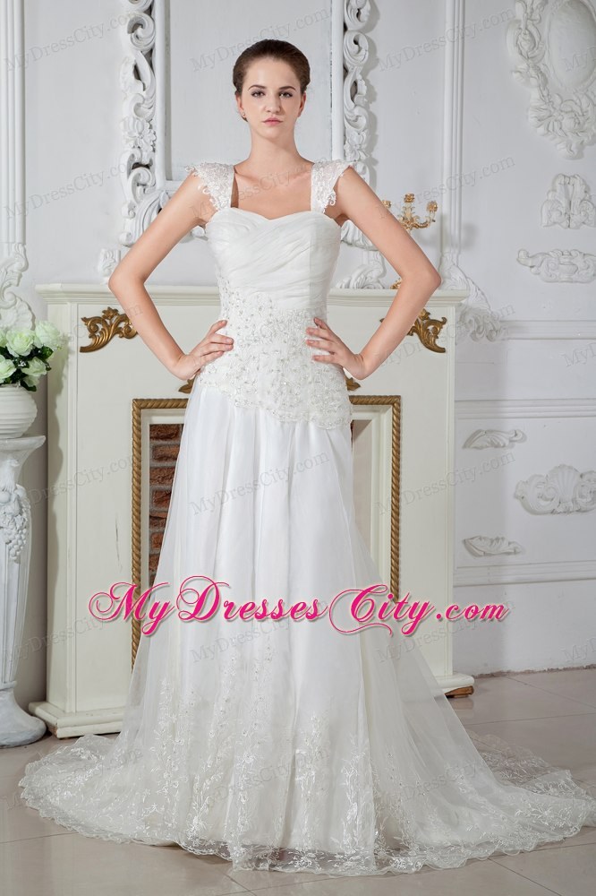 Empire Straps Court Train Appliques and Lace Wedding Dress 2013 on Sale