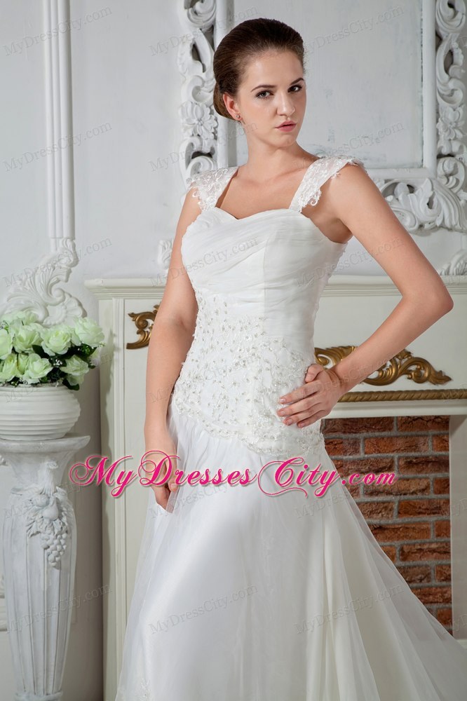 Empire Straps Court Train Appliques and Lace Wedding Dress 2013 on Sale