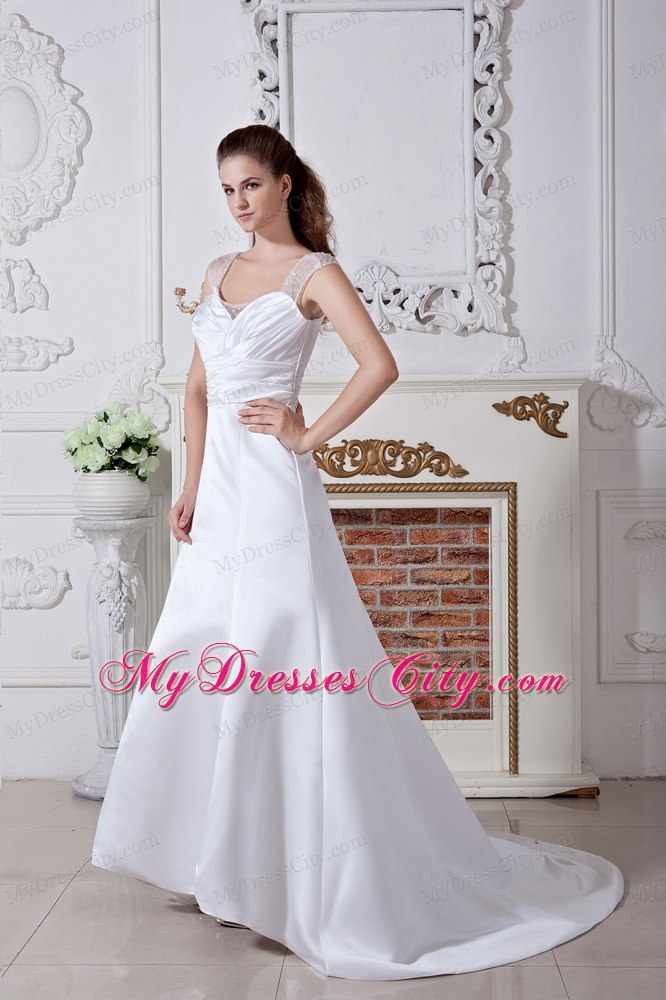 Discounted Empire Court Train Ruching Wedding Dresses with Wide Straps