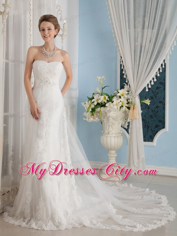 Modest Slinky Strapless Chapel Train Tulle and Lace Appliqued Wedding Dress