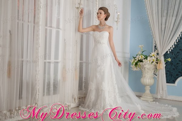 Modest Slinky Strapless Chapel Train Tulle and Lace Appliqued Wedding Dress