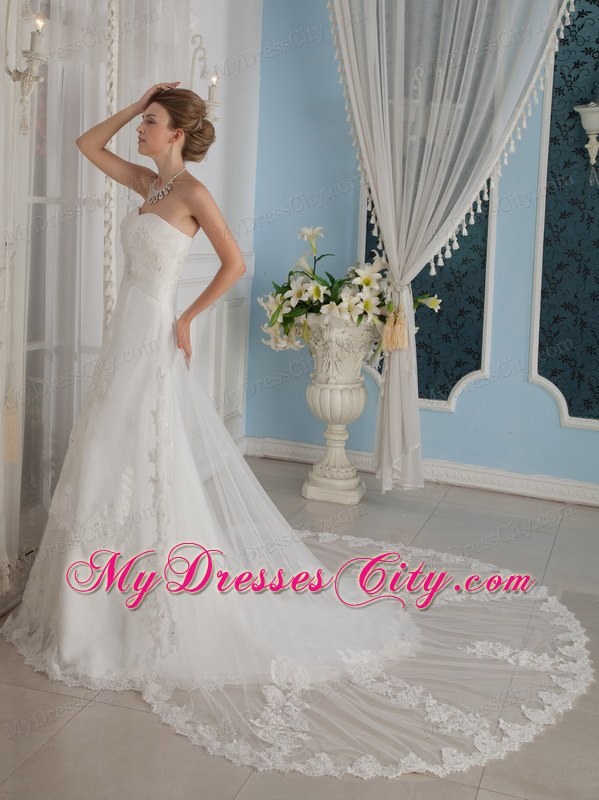 Modest Slinky Strapless Chapel Train Tulle and Lace Appliqued Wedding Dress