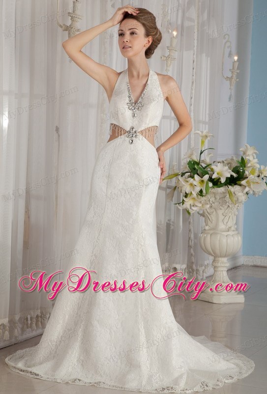 Sexy Trumpet Mermaid Halter Watteau Train Wedding Dress with Rhinestone