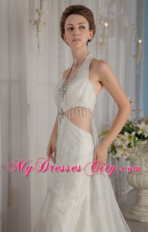 Sexy Trumpet Mermaid Halter Watteau Train Wedding Dress with Rhinestone