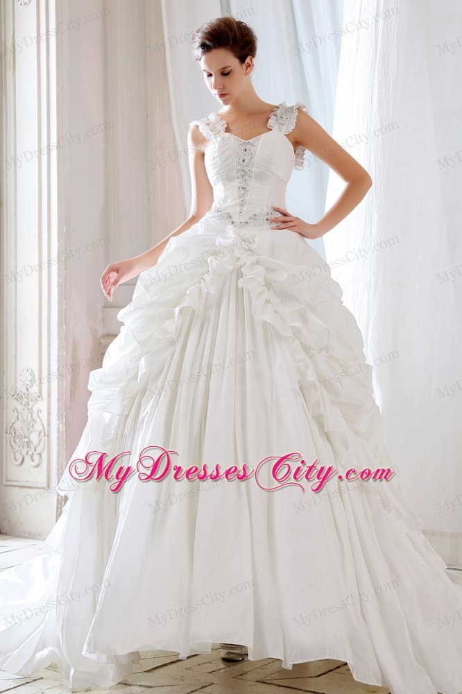 Discounted Princess Straps Beading and Appliques Court Train Wedding Dress