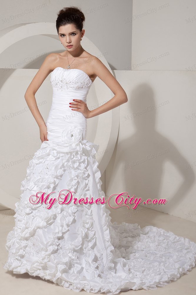 New Arrival Strapless Mermaid Beading and Hand Made Flowers Wedding Dress