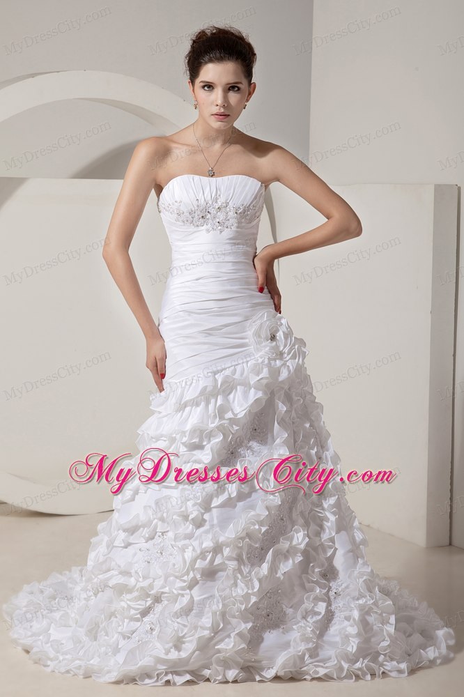 New Arrival Strapless Mermaid Beading and Hand Made Flowers Wedding Dress