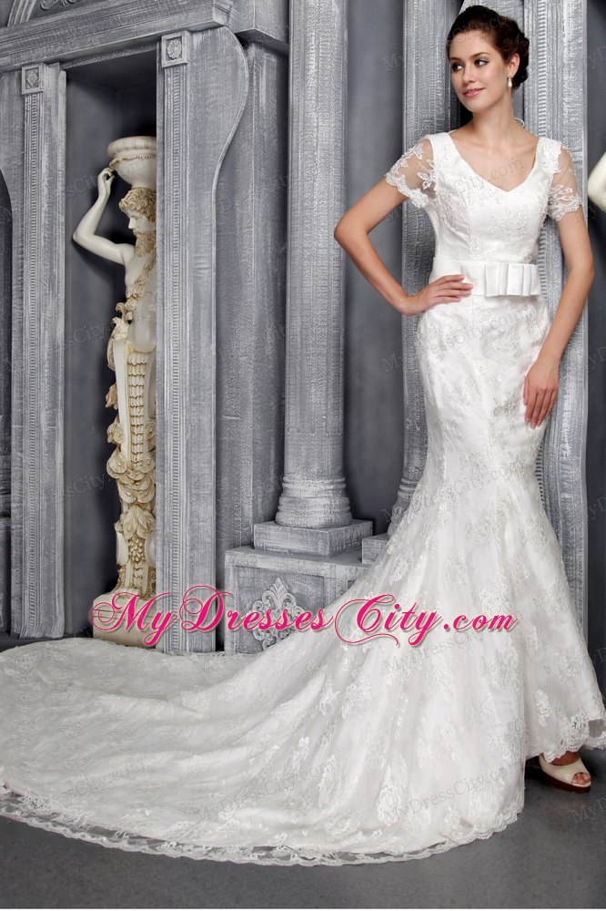 Beautiful Column V-neck Ribboned Wedding Dress with Short Lace Sleeves