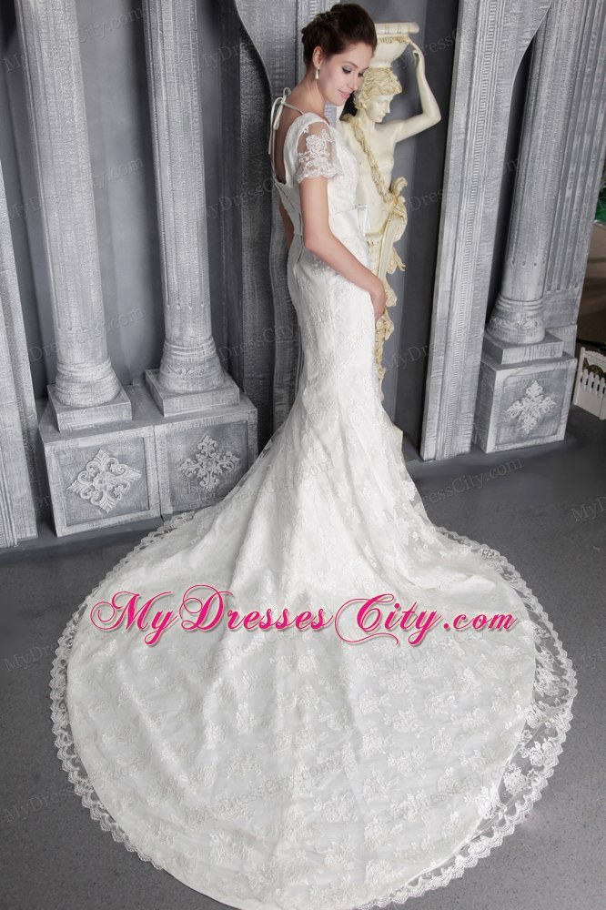 Beautiful Column V-neck Ribboned Wedding Dress with Short Lace Sleeves