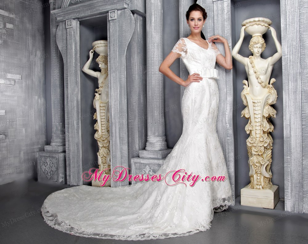 Beautiful Column V-neck Ribboned Wedding Dress with Short Lace Sleeves