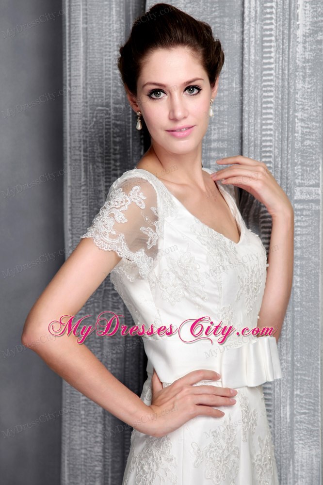 Beautiful Column V-neck Ribboned Wedding Dress with Short Lace Sleeves