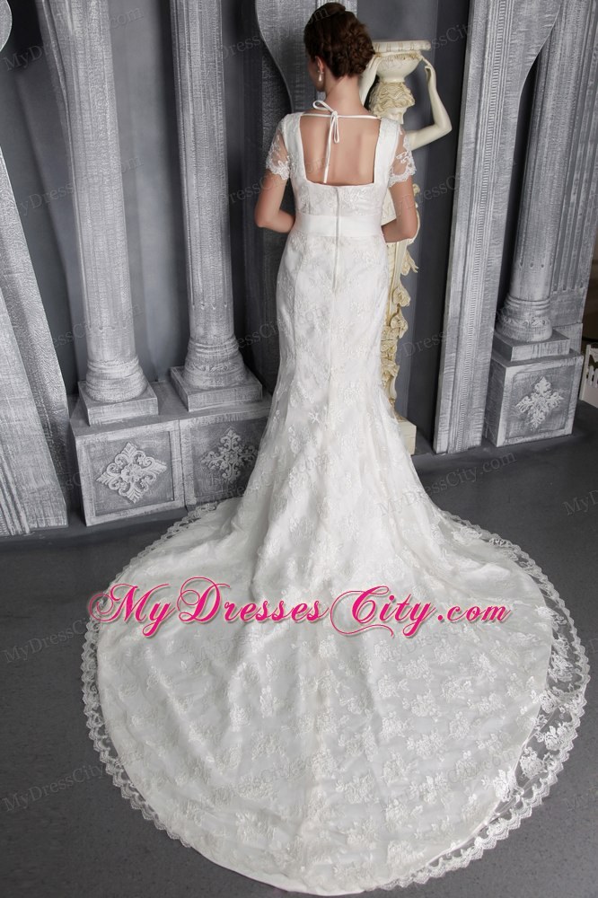 Beautiful Column V-neck Ribboned Wedding Dress with Short Lace Sleeves