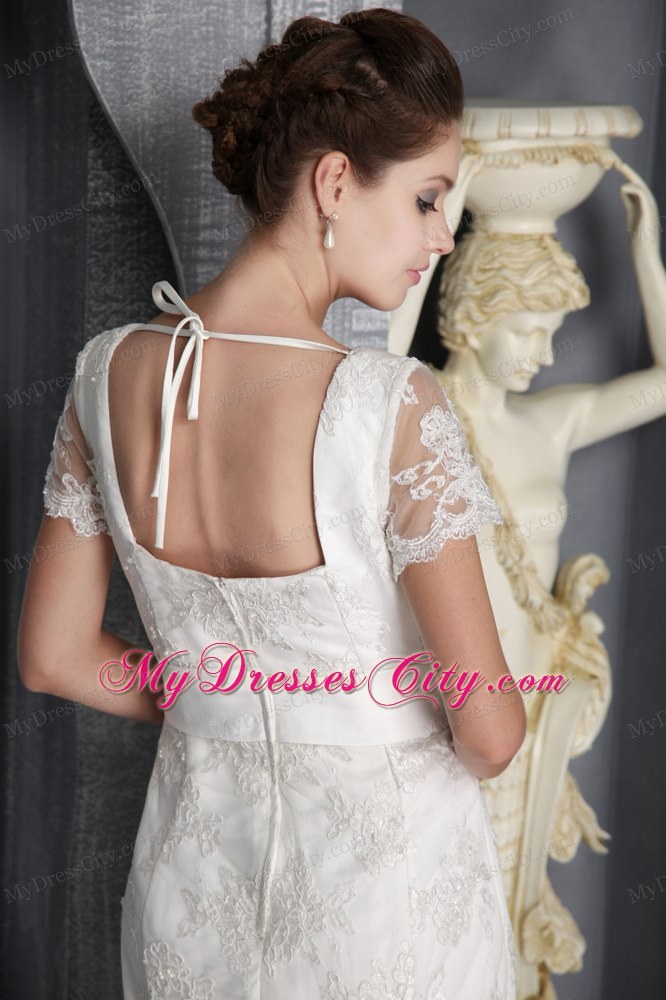 Beautiful Column V-neck Ribboned Wedding Dress with Short Lace Sleeves