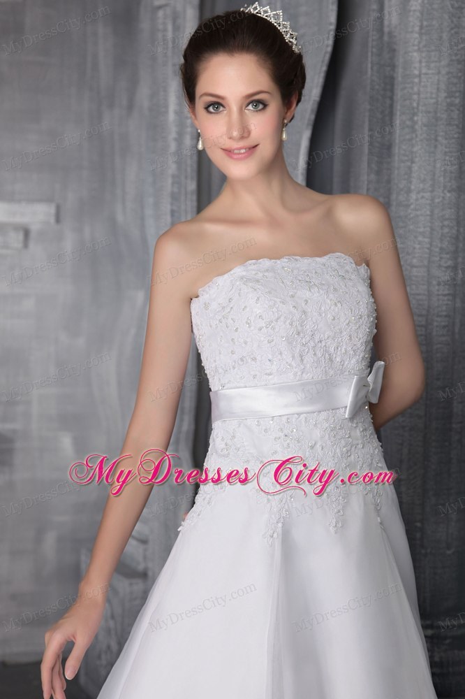 White Strapless A-Line Chapel Train Lace and Beading Wedding Gown