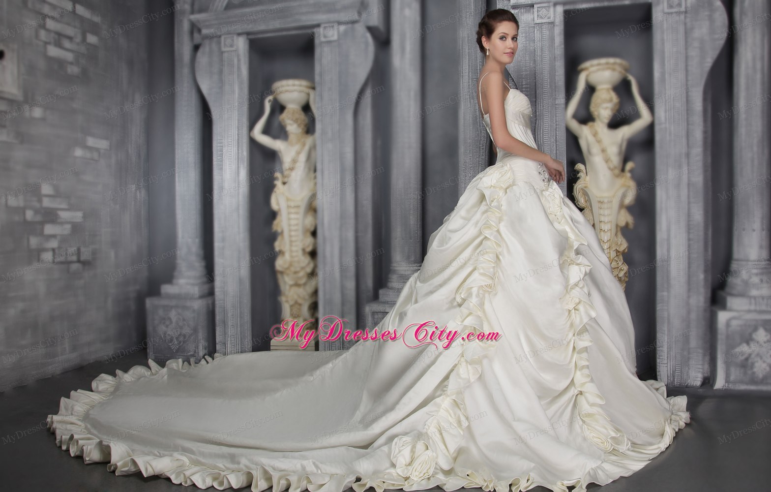 White Princess Straps Taffeta Beading Wedding Dress with cathedral Train