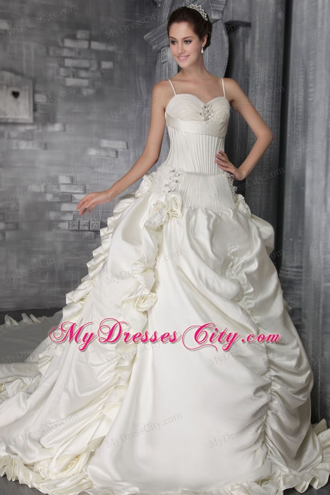 White Princess Straps Taffeta Beading Wedding Dress with cathedral Train