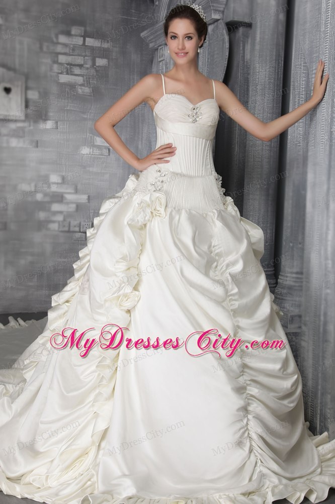 White Princess Straps Taffeta Beading Wedding Dress with cathedral Train