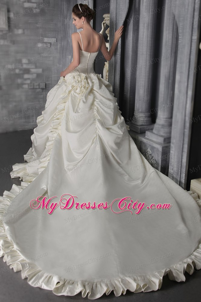 White Princess Straps Taffeta Beading Wedding Dress with cathedral Train