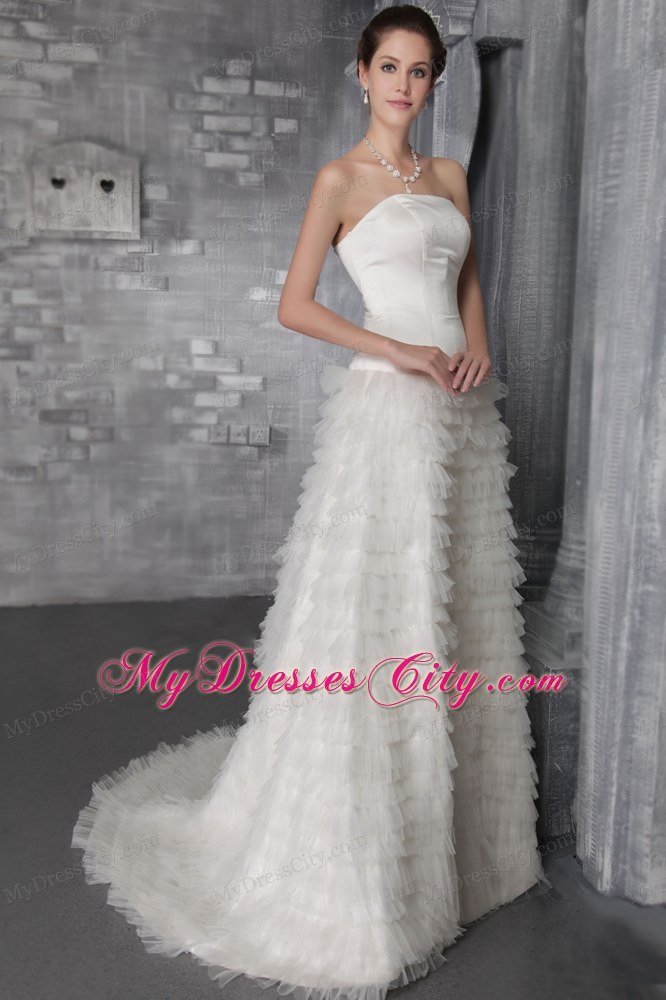 High end Strapless A-Line Sweep Satin and Tulle Ruffled Dress for Brides