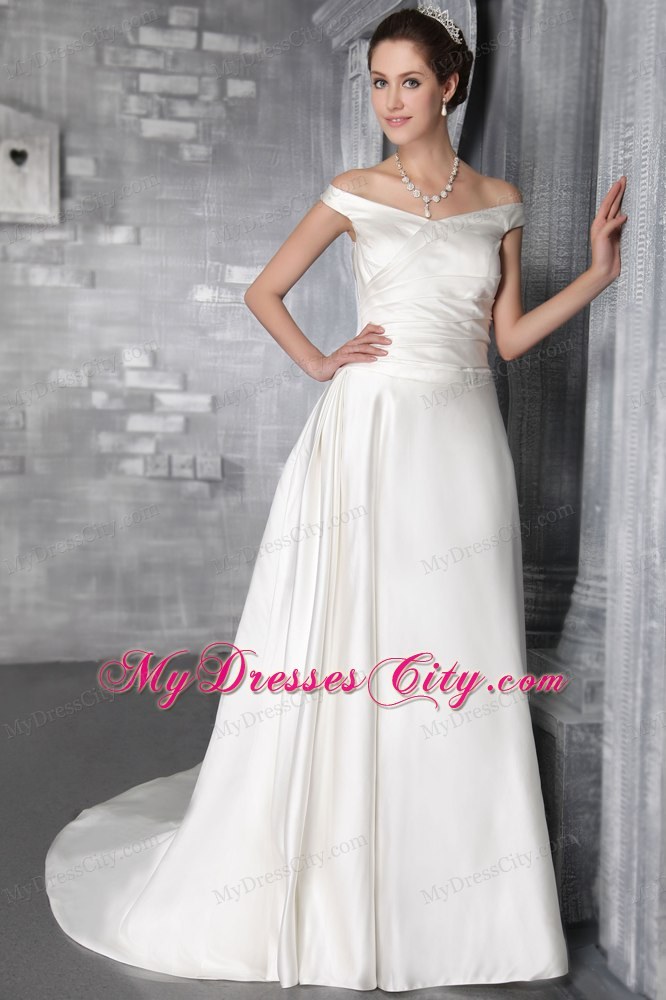 White Column Sheathy Off The Shoulder Court Train Flowery Bridal Dress