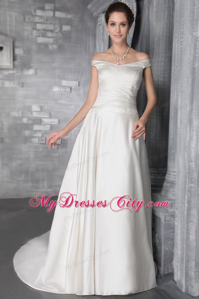 White Column Sheathy Off The Shoulder Court Train Flowery Bridal Dress