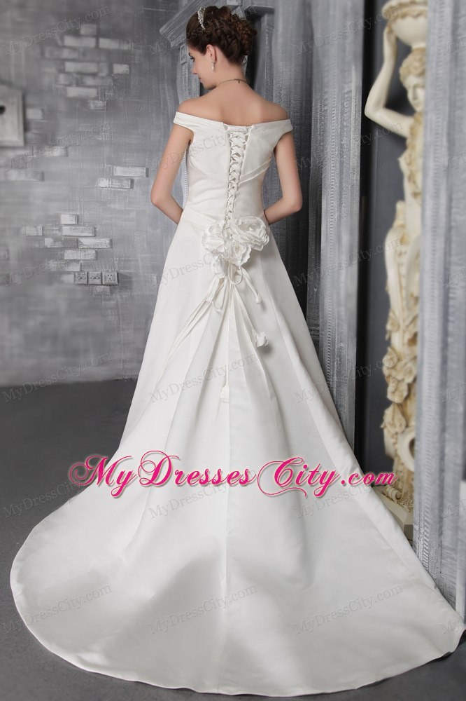 White Column Sheathy Off The Shoulder Court Train Flowery Bridal Dress