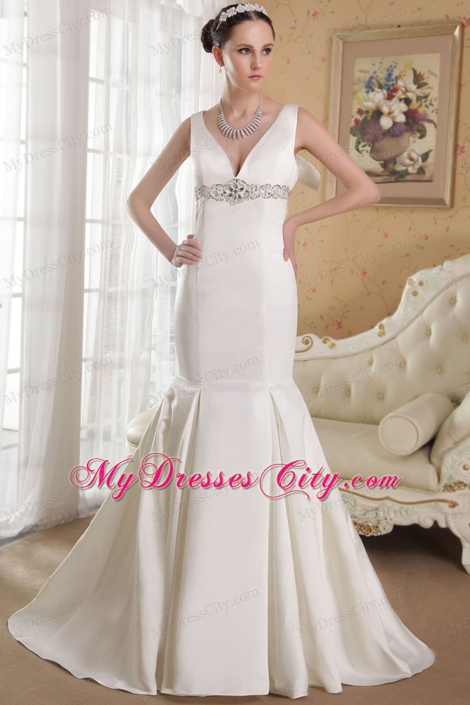 Lovely White Mermaid V-neck Court Train Beading Sleek Wedding Dress