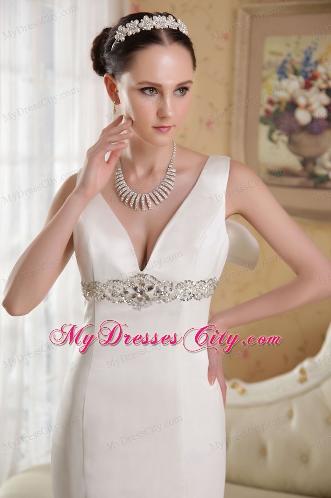 Lovely White Mermaid V-neck Court Train Beading Sleek Wedding Dress