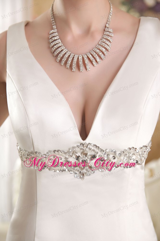 Lovely White Mermaid V-neck Court Train Beading Sleek Wedding Dress