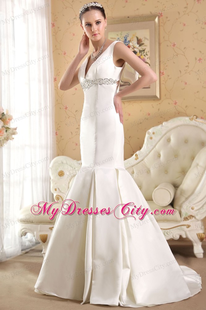 Lovely White Mermaid V-neck Court Train Beading Sleek Wedding Dress