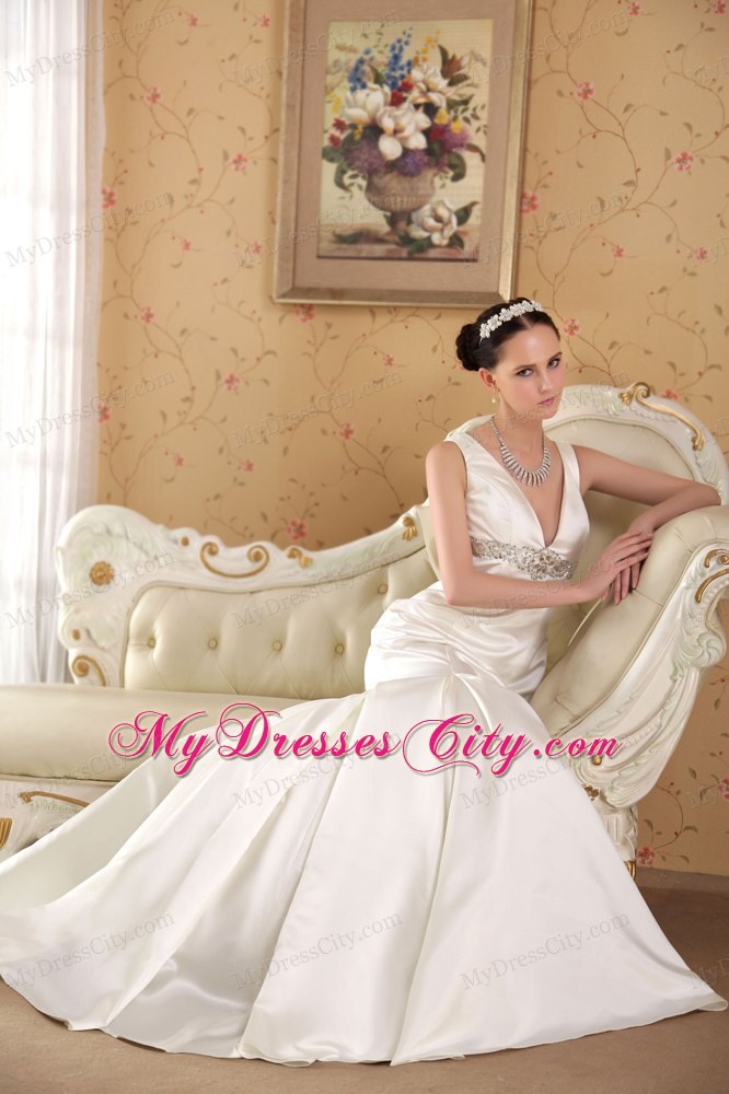 Lovely White Mermaid V-neck Court Train Beading Sleek Wedding Dress