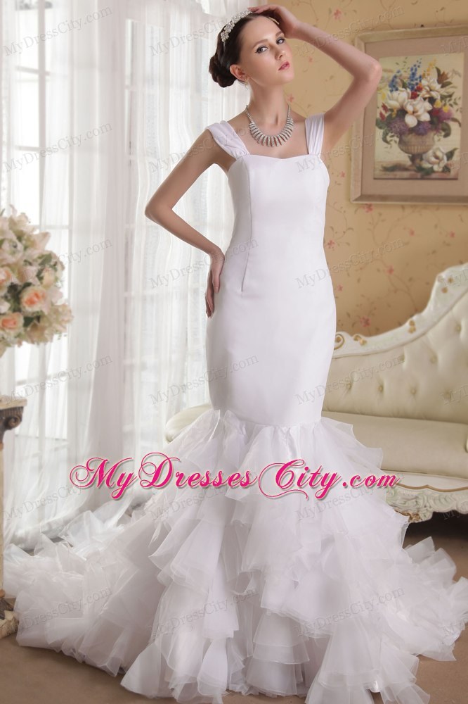 White Sheathy Mermaid Straps Court Train Wedding Dress with Ruffled Layers