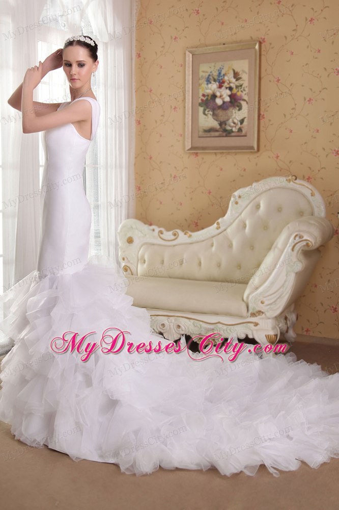 White Sheathy Mermaid Straps Court Train Wedding Dress with Ruffled Layers