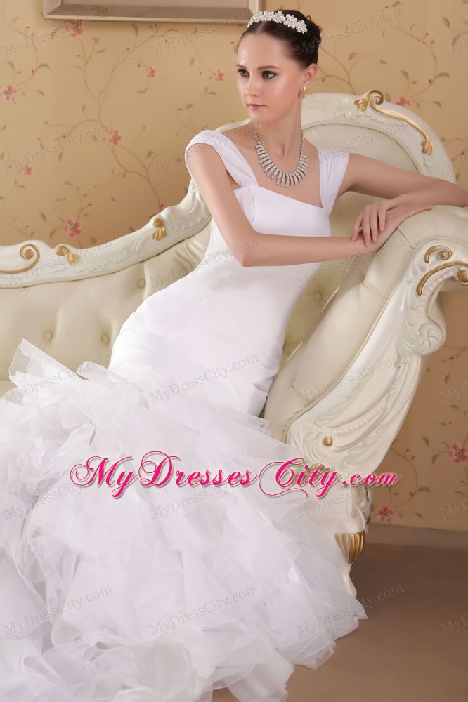 White Sheathy Mermaid Straps Court Train Wedding Dress with Ruffled Layers