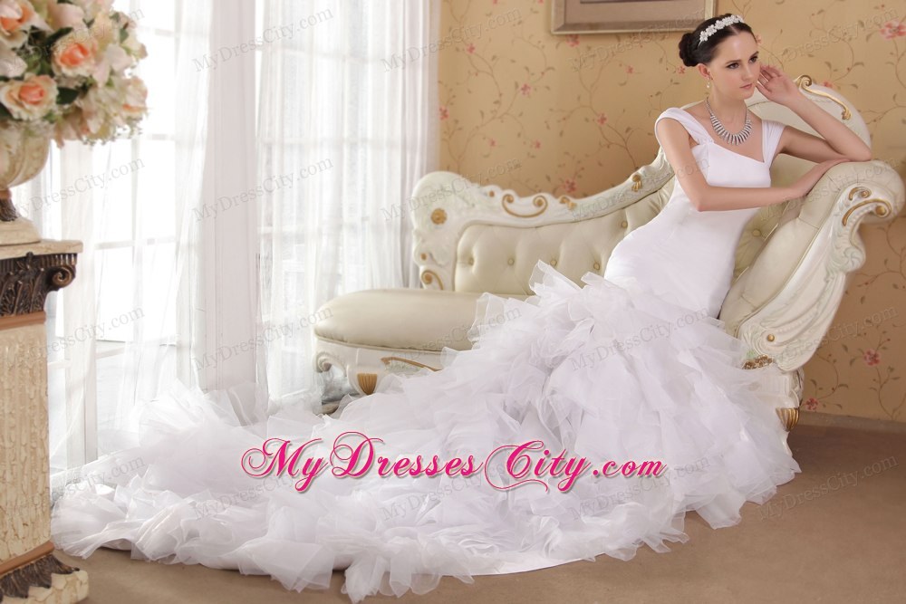 White Sheathy Mermaid Straps Court Train Wedding Dress with Ruffled Layers