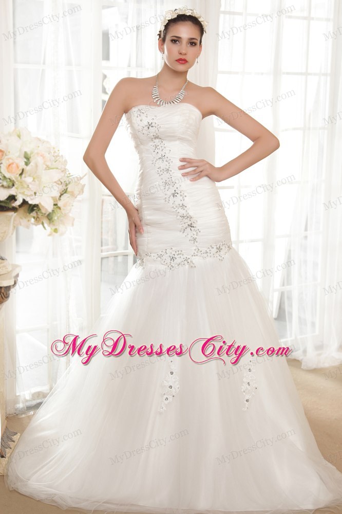 Wonderful A-line Strapless Chapel Train Beaded Organza Wedding Dresses