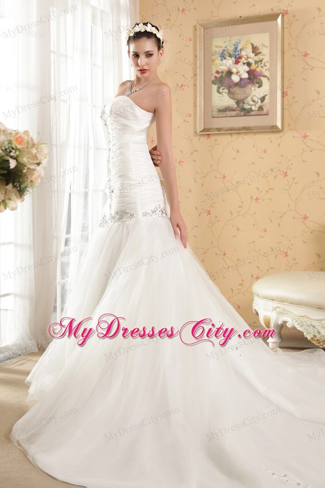 Wonderful A-line Strapless Chapel Train Beaded Organza Wedding Dresses