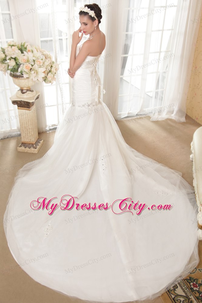 Wonderful A-line Strapless Chapel Train Beaded Organza Wedding Dresses