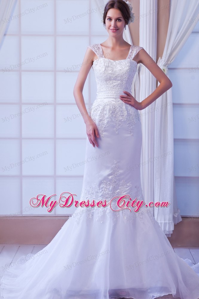 Mermaid Wide Straps Organza Appliques Wedding Dress with Court Train