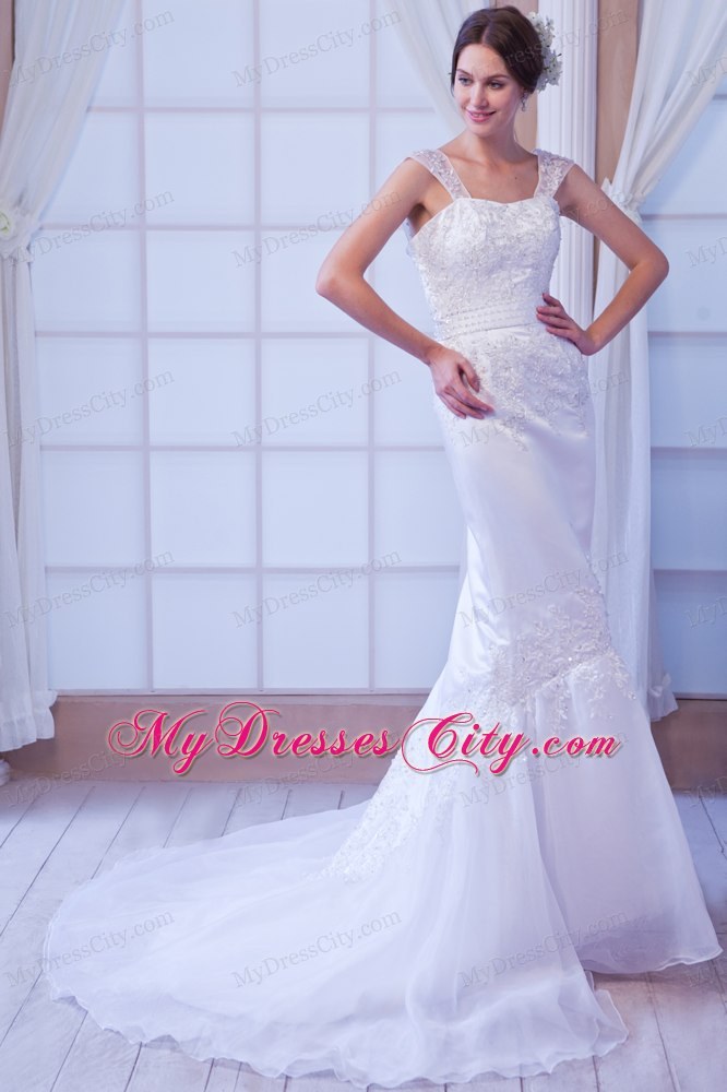 Mermaid Wide Straps Organza Appliques Wedding Dress with Court Train