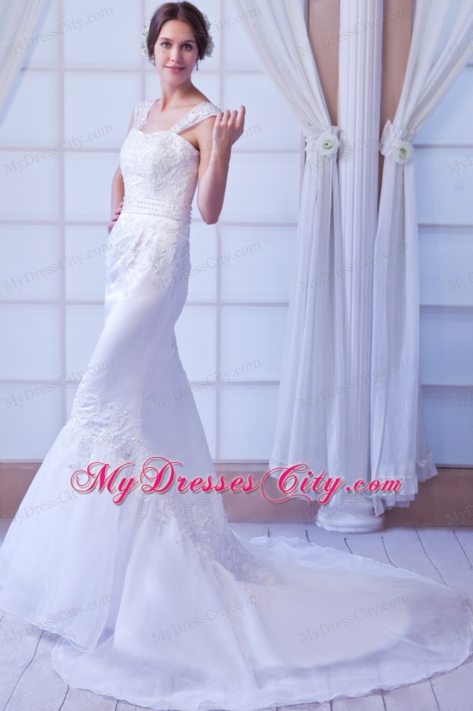 Mermaid Wide Straps Organza Appliques Wedding Dress with Court Train