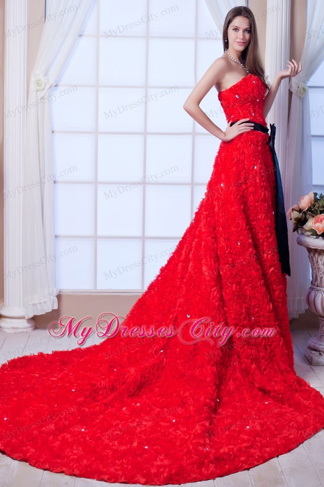 Red A-line Strapless Cathedral Train Beading and Sash Flowery Wedding Dress