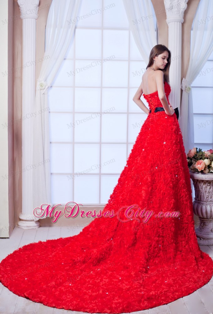 Red A-line Strapless Cathedral Train Beading and Sash Flowery Wedding Dress