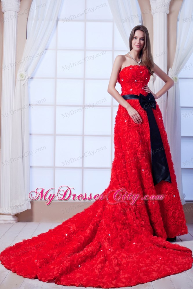 Red A-line Strapless Cathedral Train Beading and Sash Flowery Wedding Dress