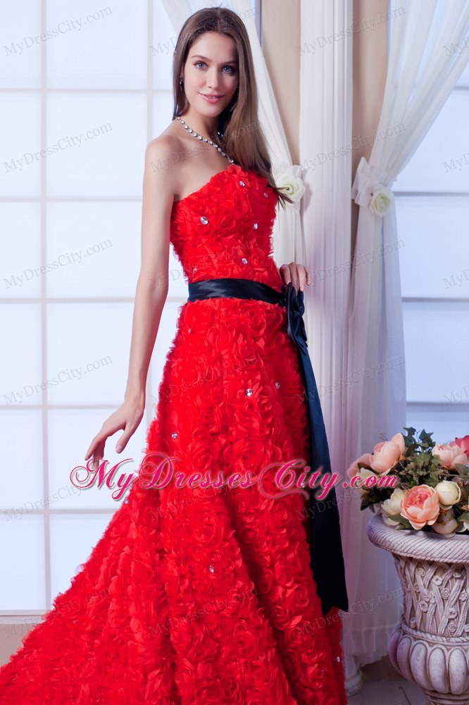 Red A-line Strapless Cathedral Train Beading and Sash Flowery Wedding Dress