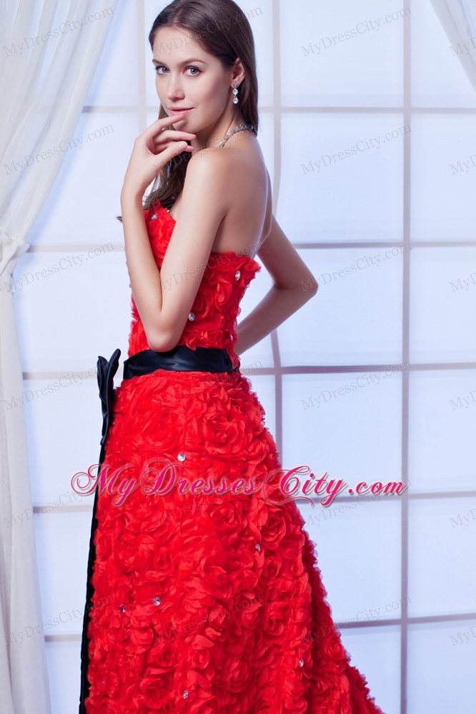 Red A-line Strapless Cathedral Train Beading and Sash Flowery Wedding Dress