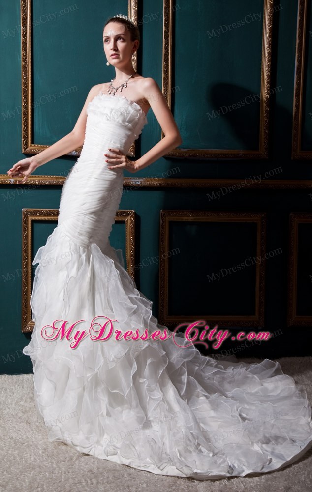 Cheap Mermaid Strapless Court Train Ruching Slinky Organza Wedding Dress