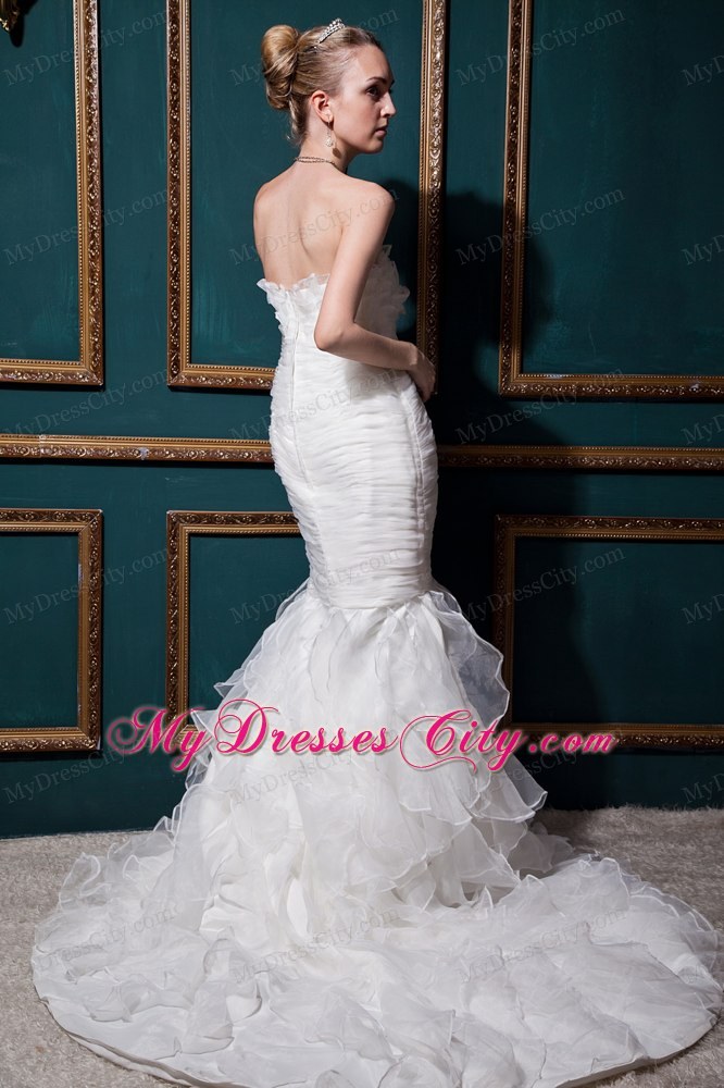 Cheap Mermaid Strapless Court Train Ruching Slinky Organza Wedding Dress