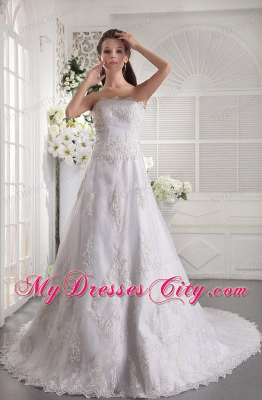 Princess White Strapless Satin and Lace Beaded Chapel Train Bridal Gown