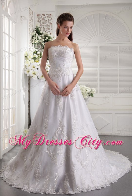 Princess White Strapless Satin and Lace Beaded Chapel Train Bridal Gown